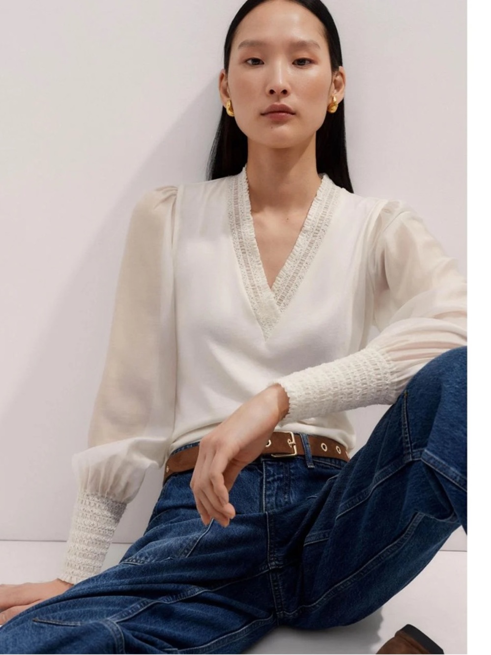 ME EM Fluid Ballon Sheer Sleeve V-Neck Blouse - Cream 12